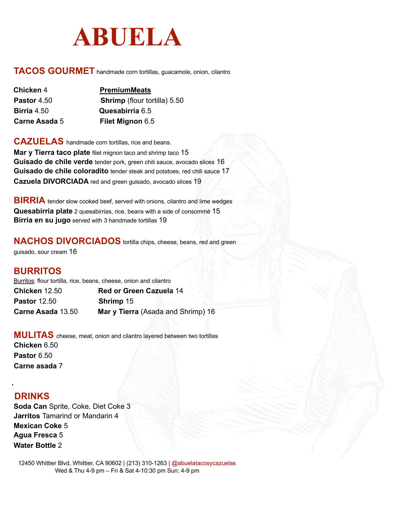 Abuela Tacos y Cazuelas menu with tacos, cazuelas, birria, burritos, mulitas, drinks and prices